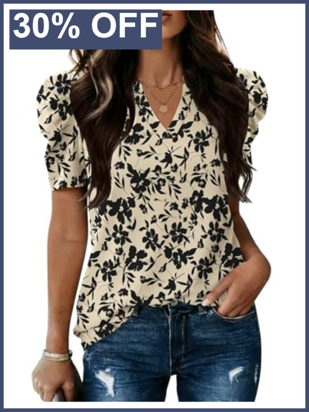 Womens V Neck Puff Sleeve Blouse Floral Short Sleeve Top